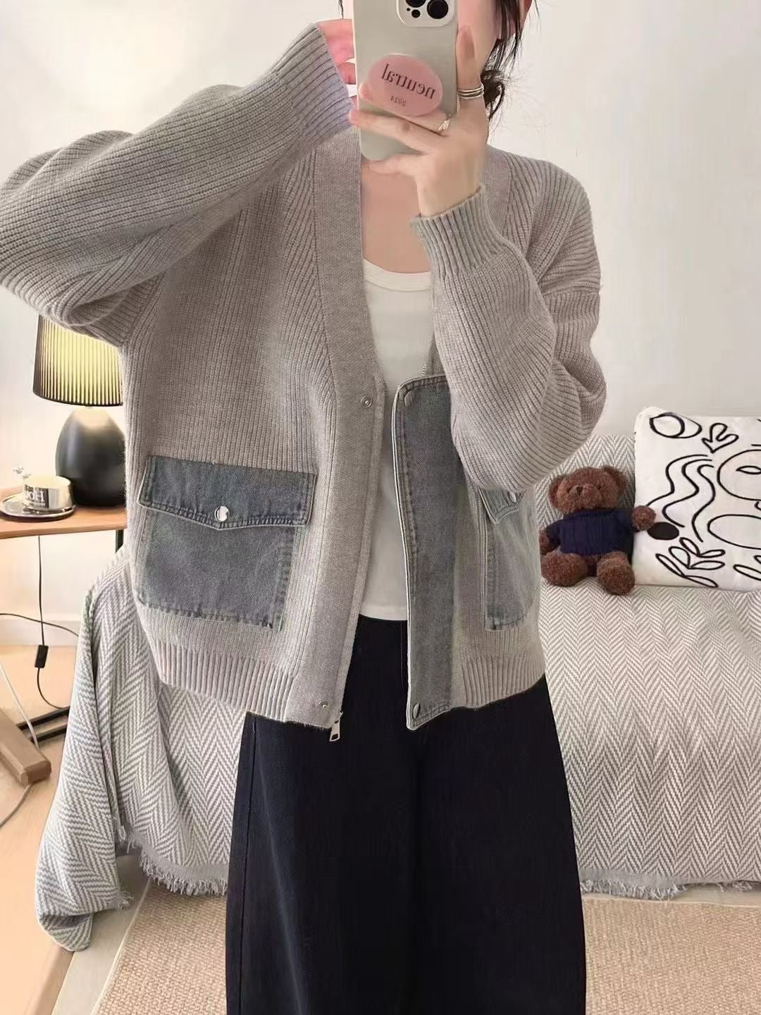 ♡Denim Chic 拼接針織開襟外套♡ (C250908)