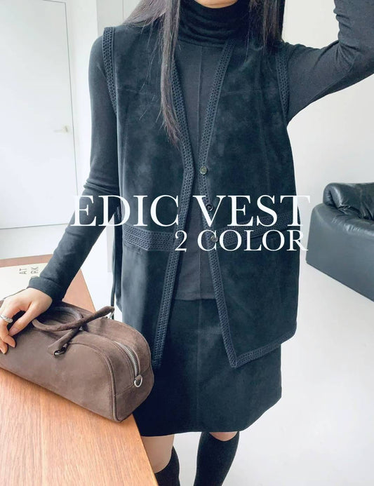 ♡鏤空蕾絲感滾邊仿麂皮背心♡ (C251147)