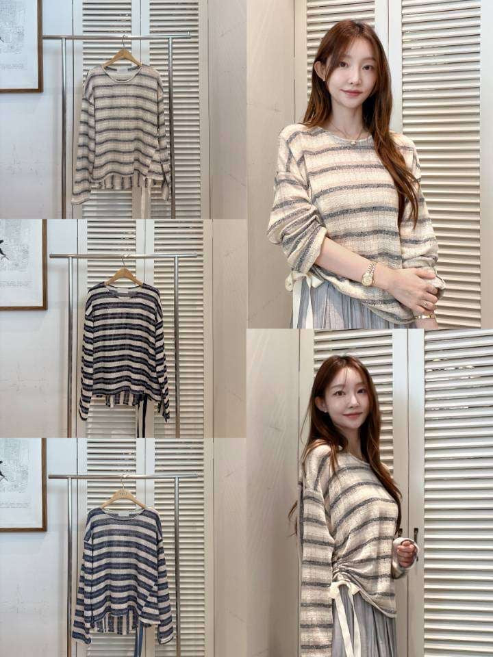 ♡ 輕鬆自在側抽繩造型條紋上衣♡ (C251041)