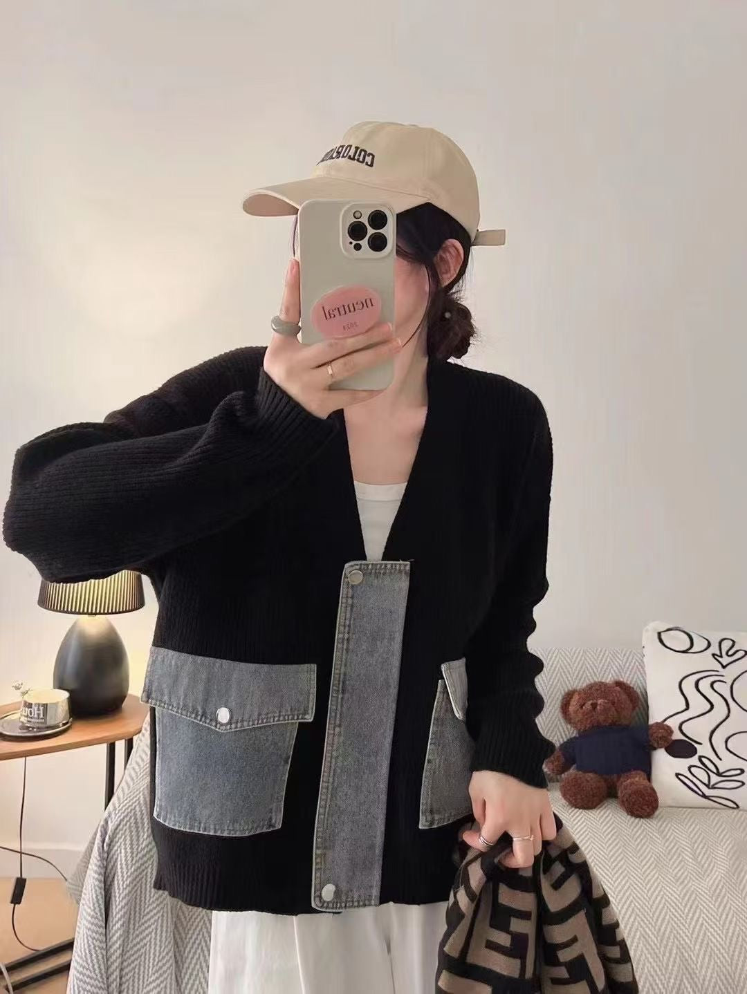 ♡Denim Chic 拼接針織開襟外套♡ (C250908)