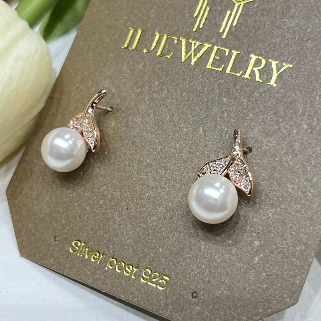 ❣ 鑲鑽樹葉珍珠耳環 ❣ (E250313)