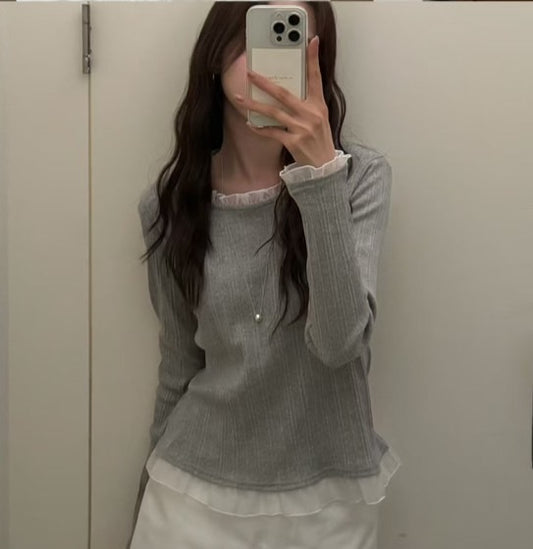 ♡優雅顯瘦細坑條荷葉滾邊上衣♡ (C260533)