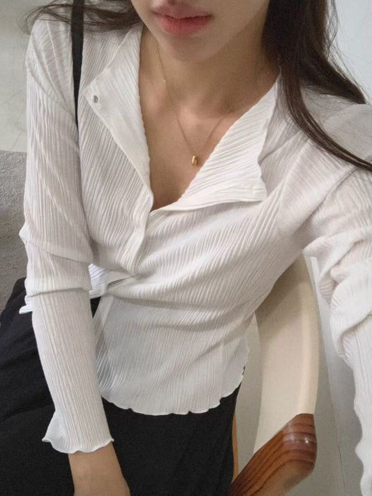 ♡顯瘦嫩感水波壓褶針織外罩衫♡ (C250945)