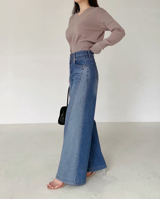 ♡拼接刷色牛仔寬褲♡ (C251154)