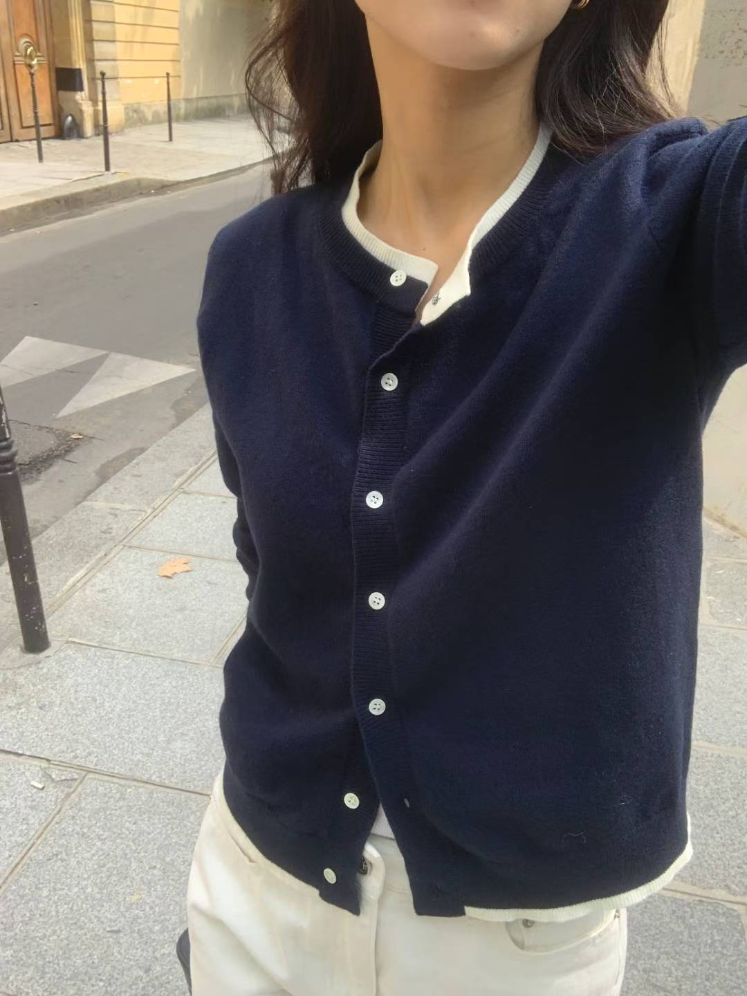 ♡優雅圓領撞色滾邊針織開衫♡ (C251013)