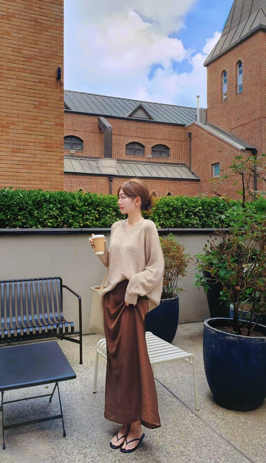 ♡Oni家♡經典修身緞面A字長裙 (C250902)