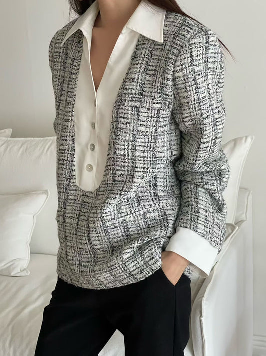 ♡小香風雙材質襯衫針織上衣♡ (C251124)