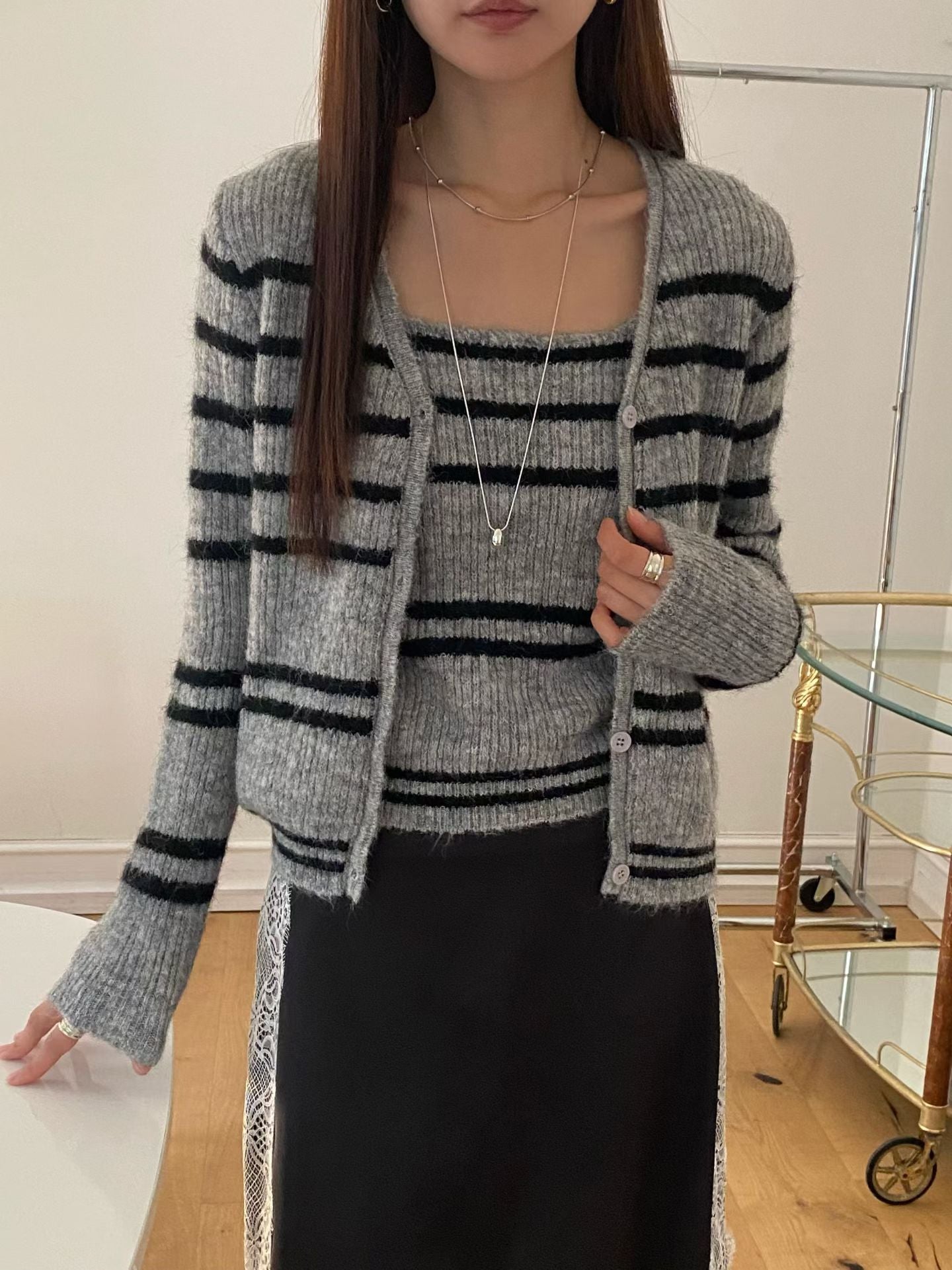 ♡實搭條紋細肩帶開衫兩件組♡ (C251126)