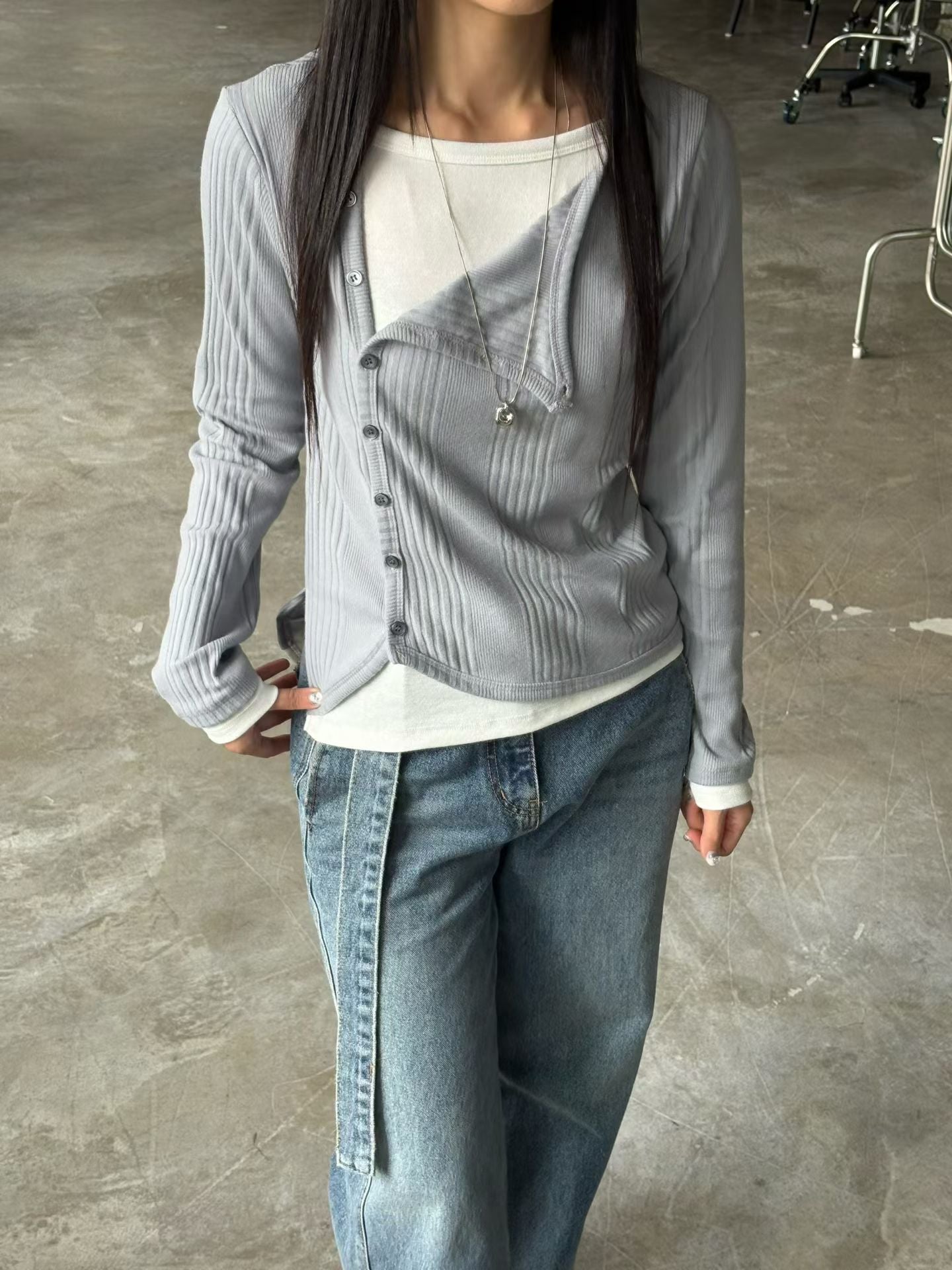 ♡斜扣羅紋假兩件上衣♡ (C251252)