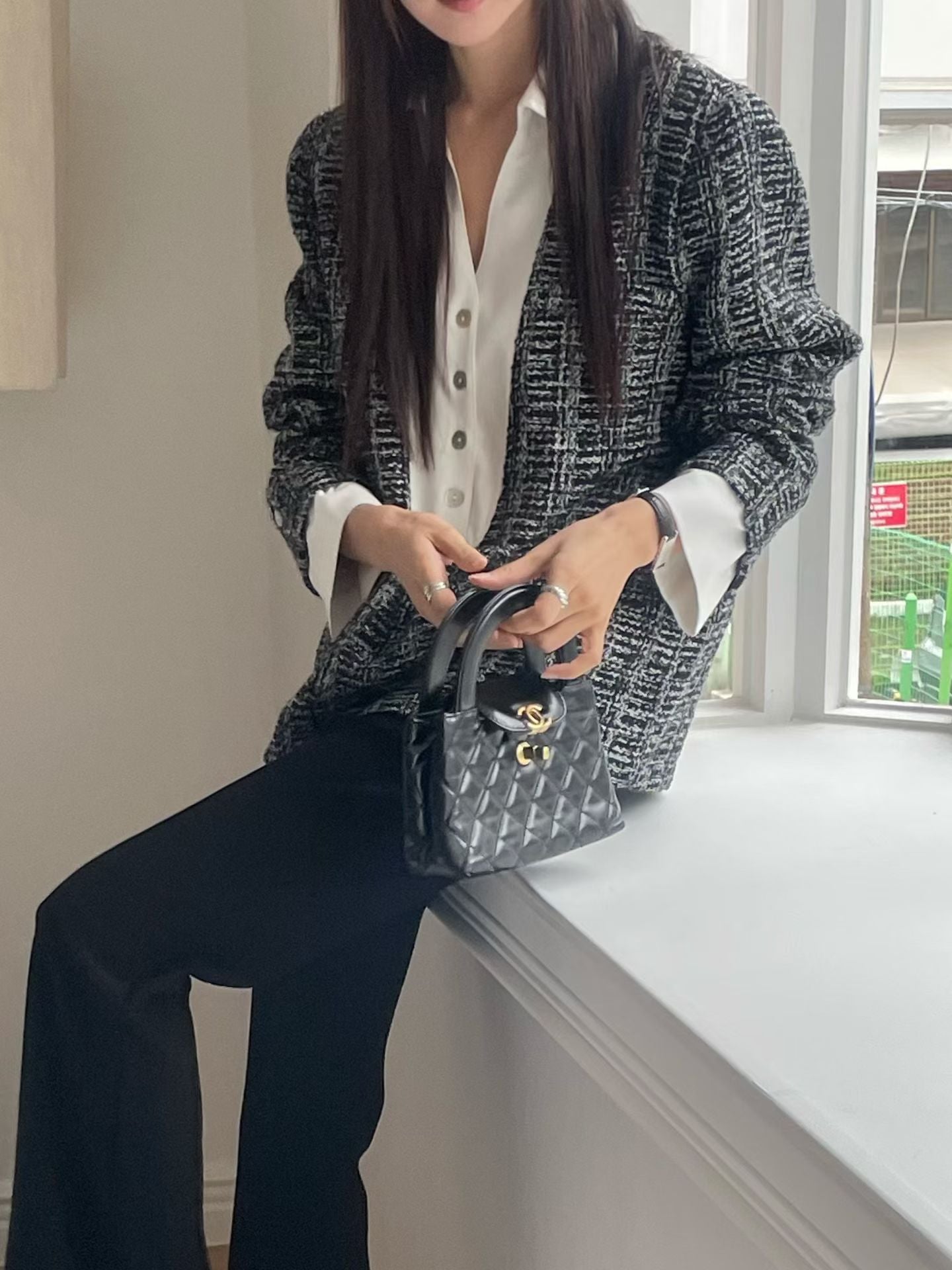 ♡小香風雙材質襯衫針織上衣♡ (C251124)