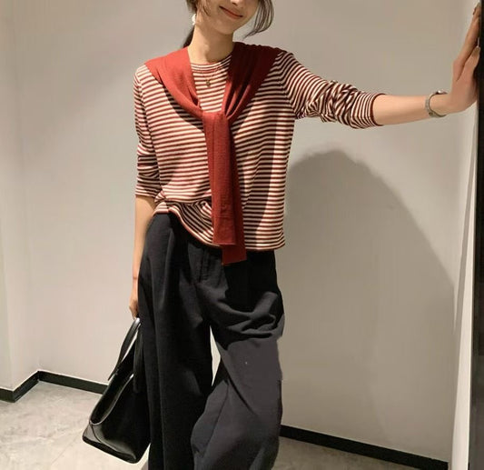 ♡法式肩披假兩件條紋上衣♡ (C250909)