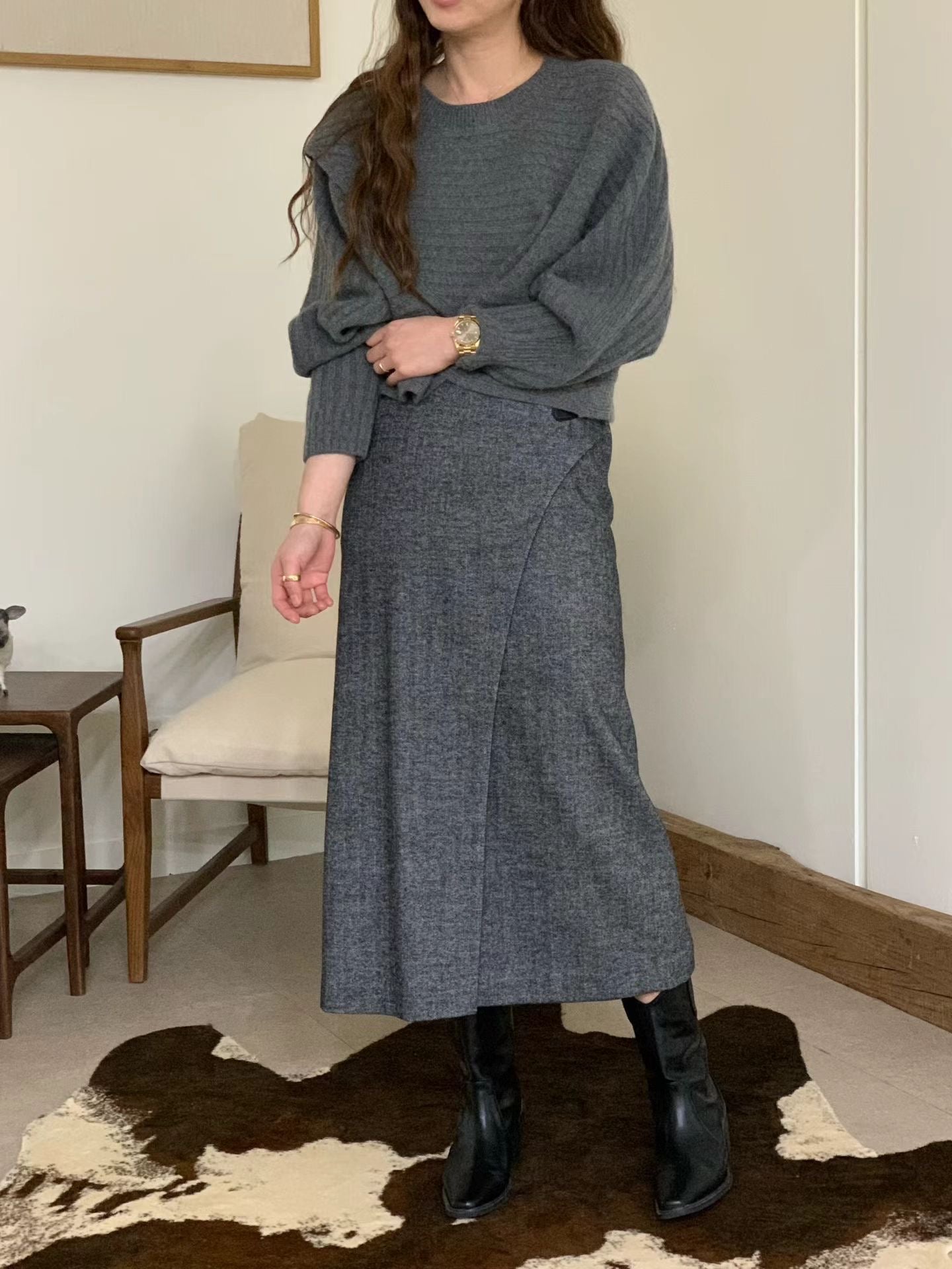 ♡氣質Oni家♡質感腰扣弧線人字紋長裙 (C251231)