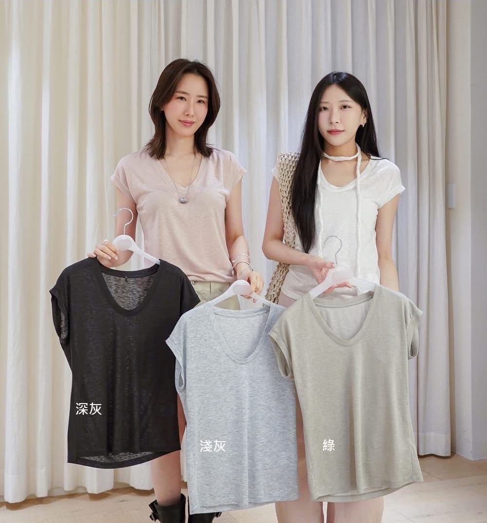 ♡夏日棉麻涼感V領短袖T♡ (C260640)