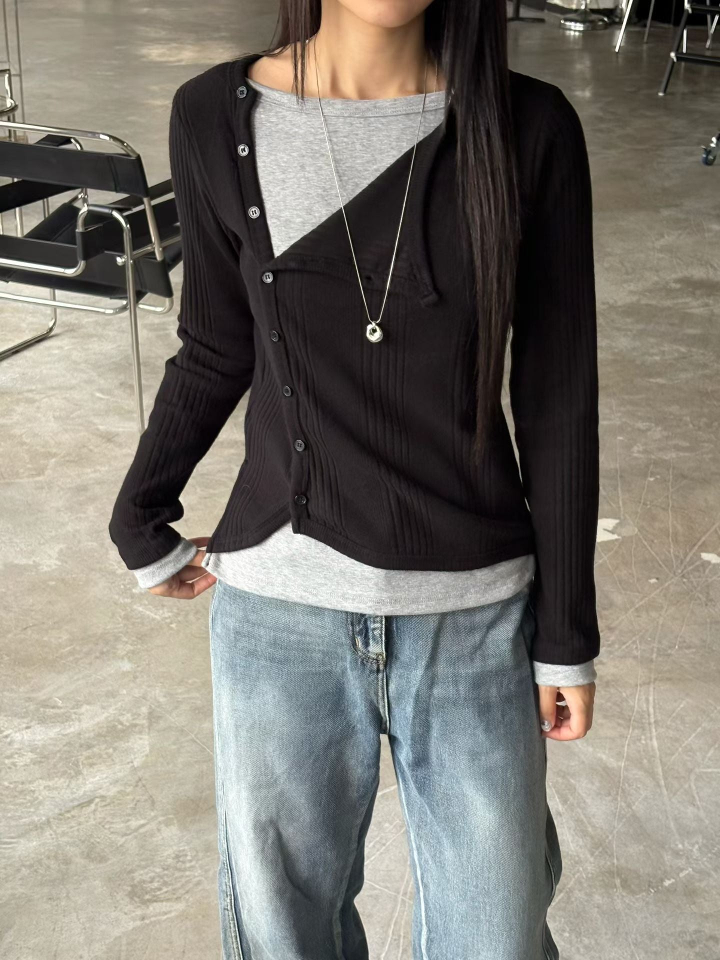 ♡斜扣羅紋假兩件上衣♡ (C251252)