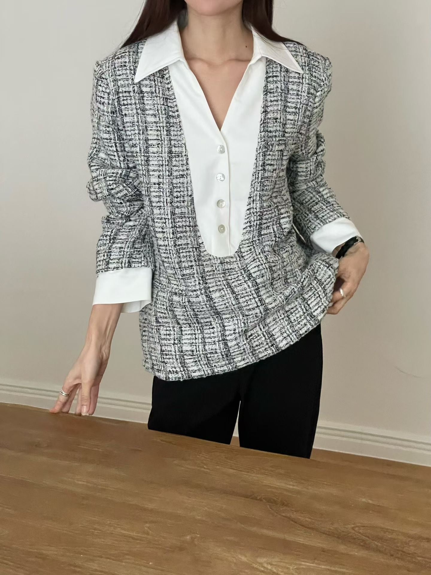 ♡小香風雙材質襯衫針織上衣♡ (C251124)