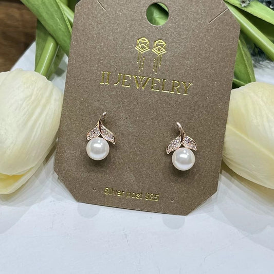 ❣ 鑲鑽樹葉珍珠耳環 ❣ (E250313)