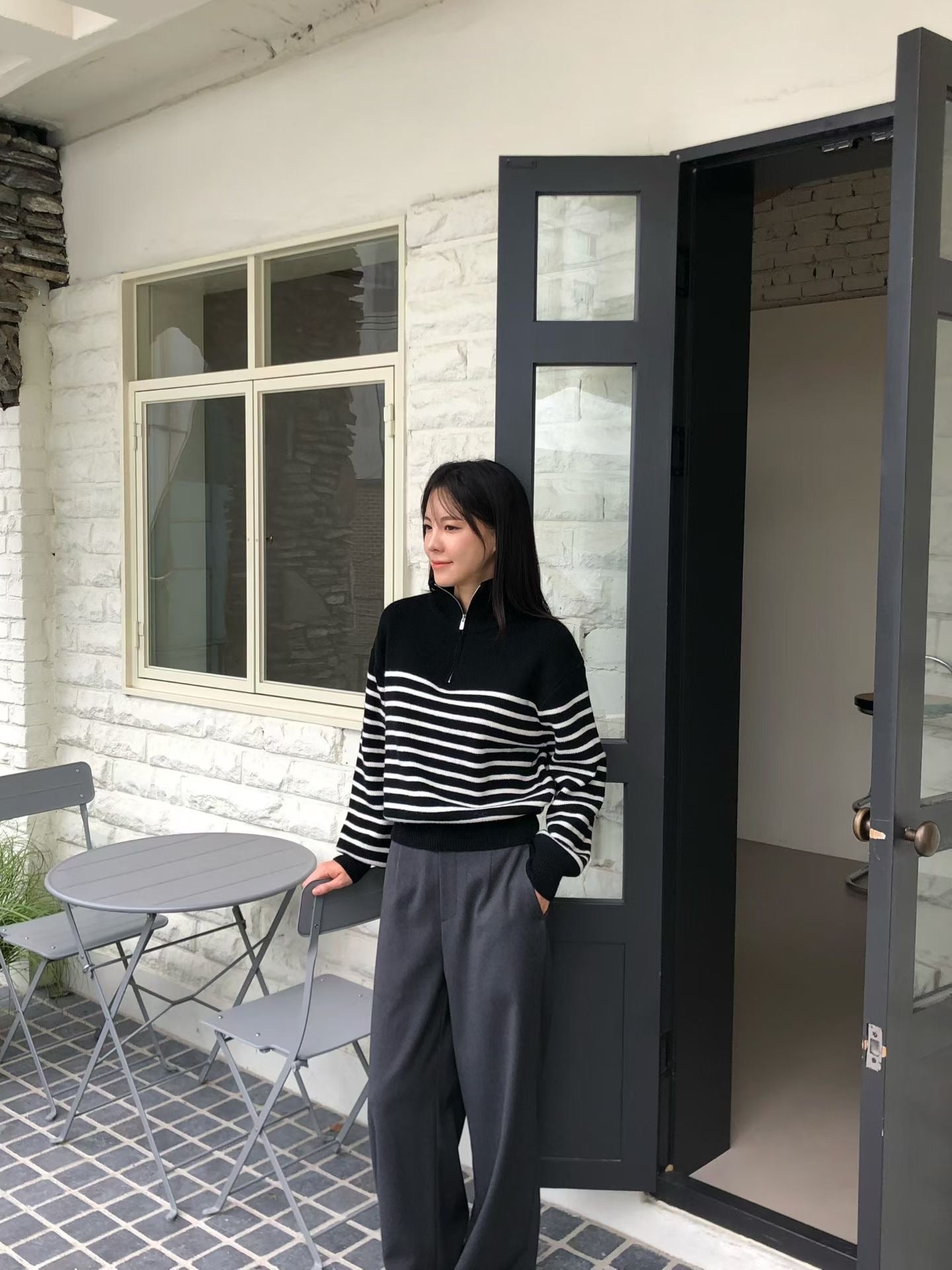 ♡經典法式半高領條紋針織衫♡ (C251009)