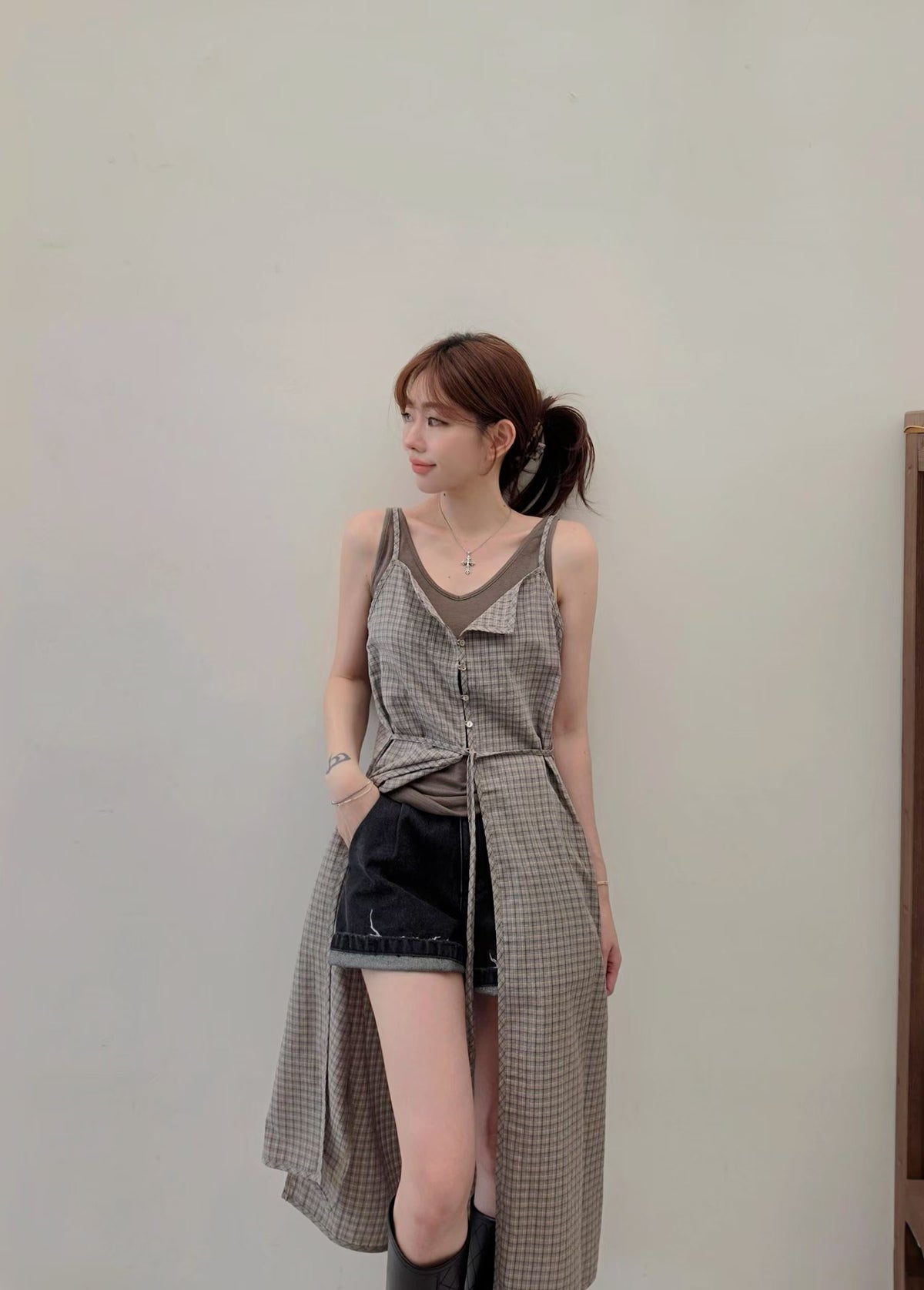 ♡Oni家♡韓妞格紋細肩帶長罩衫 (C260903)