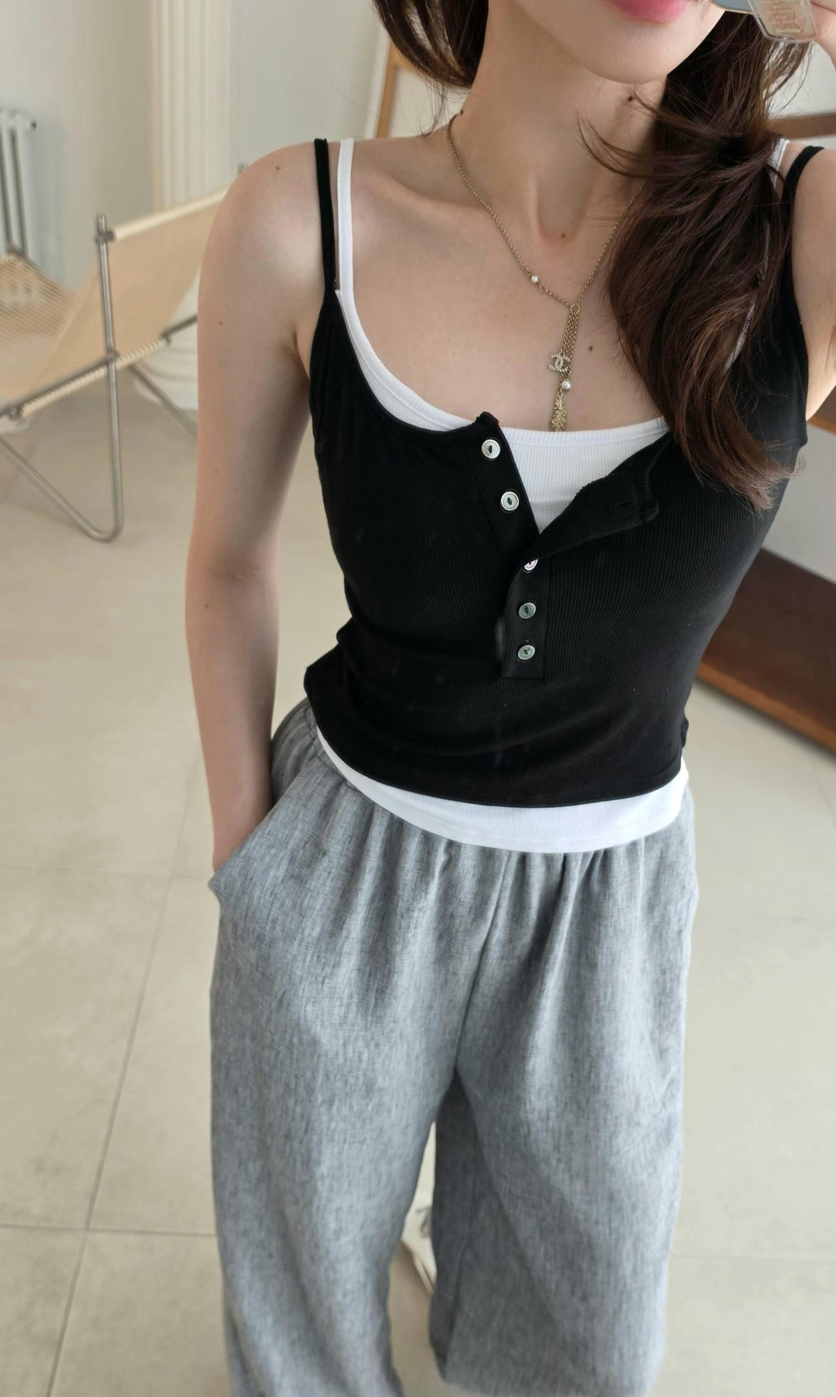 ♡Oni家♡假兩件BRATOP細肩帶上衣 (C260904)