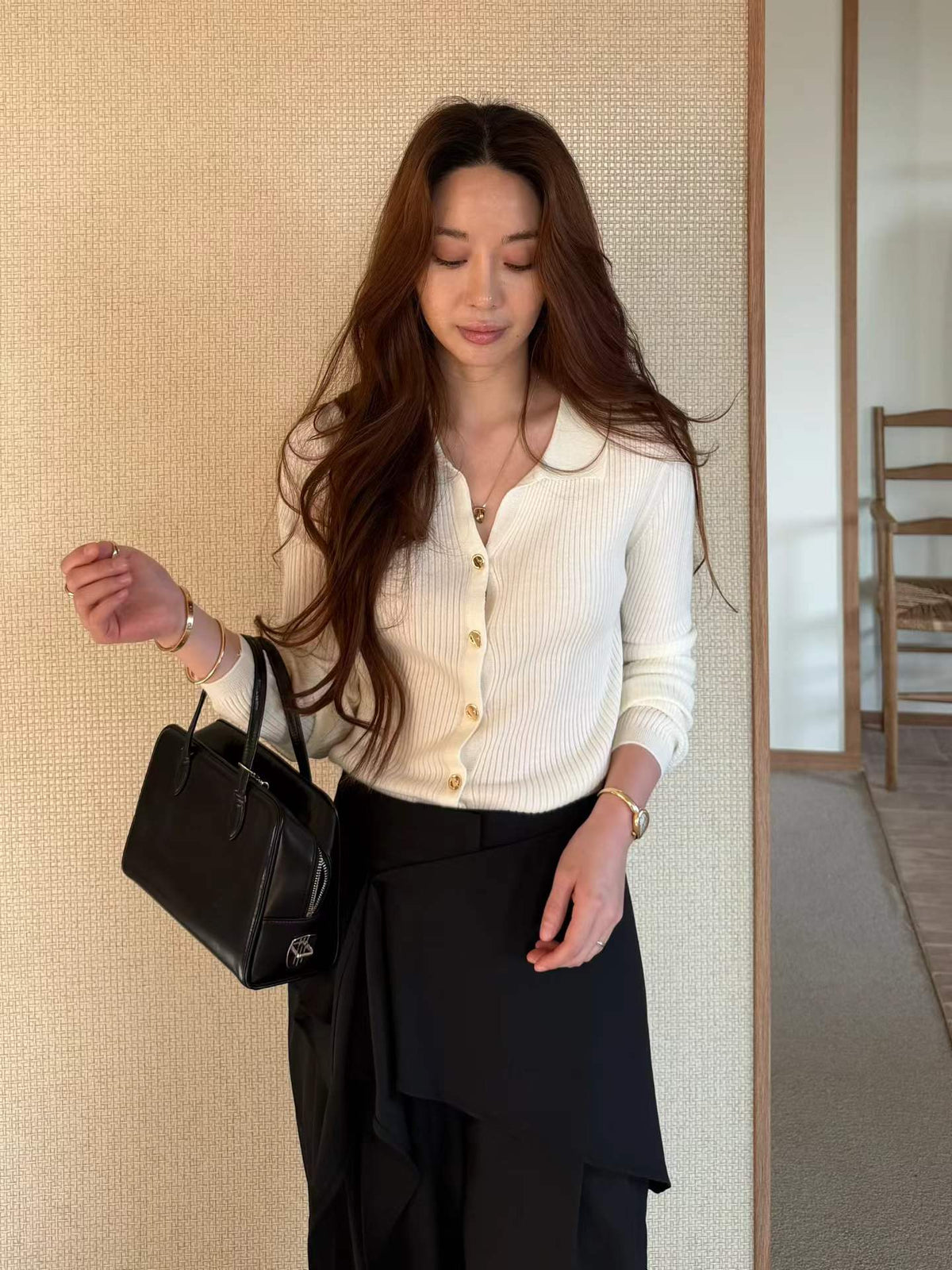 ♡優雅細坑條修身開襟上衣♡ (C260924)