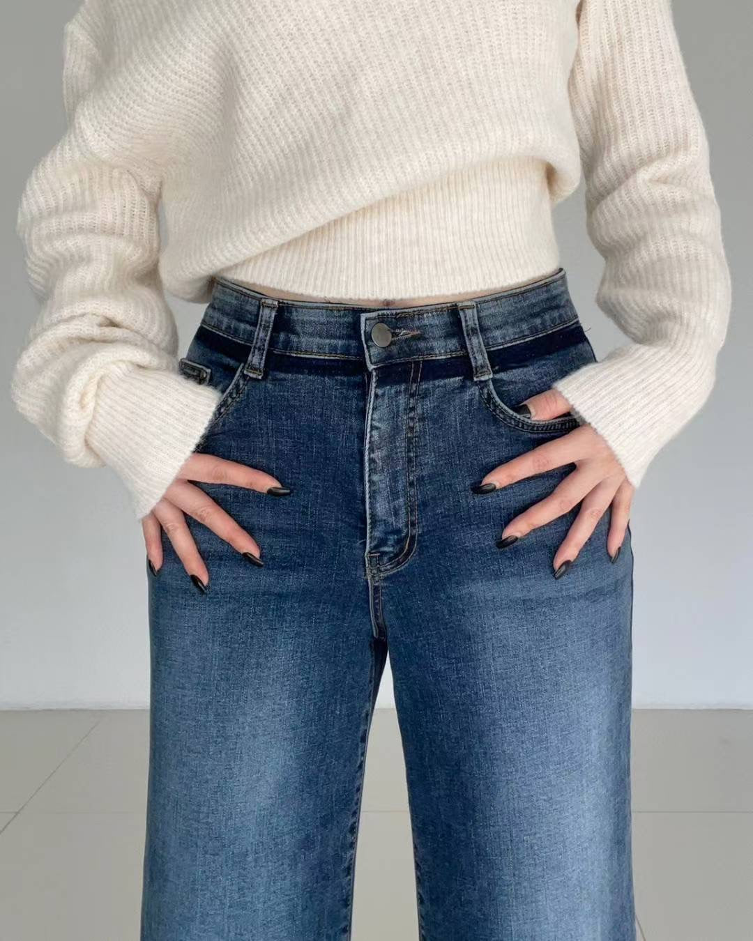 ♡鹽洗拼色長腿顯瘦喇叭褲♡ (C251234)