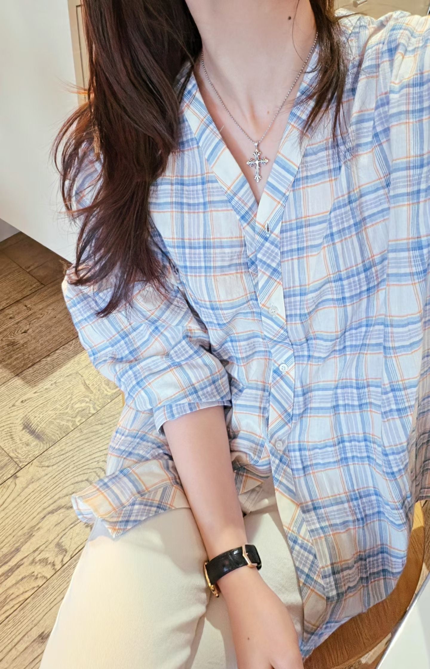 ♡Oni家♡夏日格紋V領休閒襯衫 (C260564)