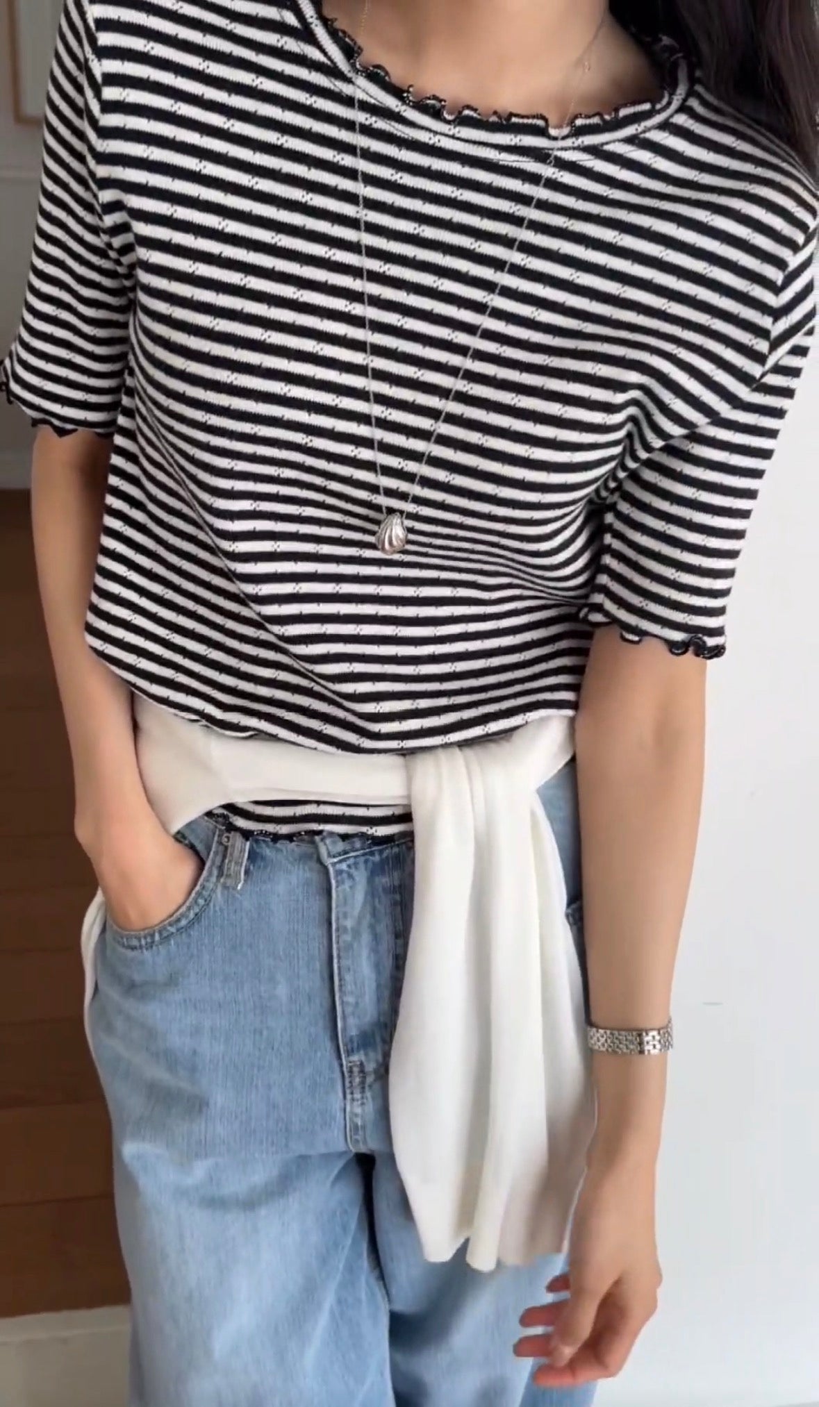 ♡經典細緻波浪滾邊條紋上衣♡ (C260534)