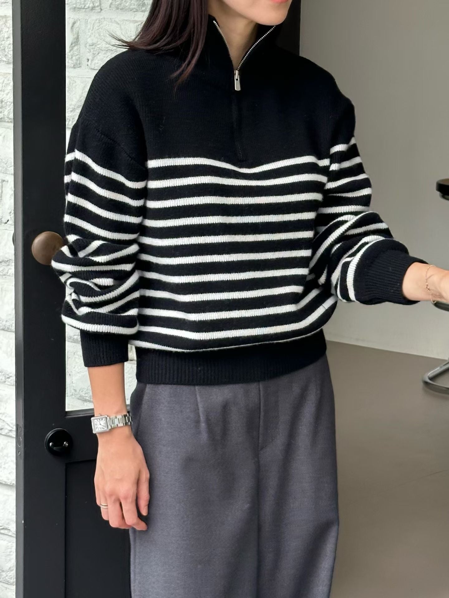 ♡經典法式半高領條紋針織衫♡ (C251009)