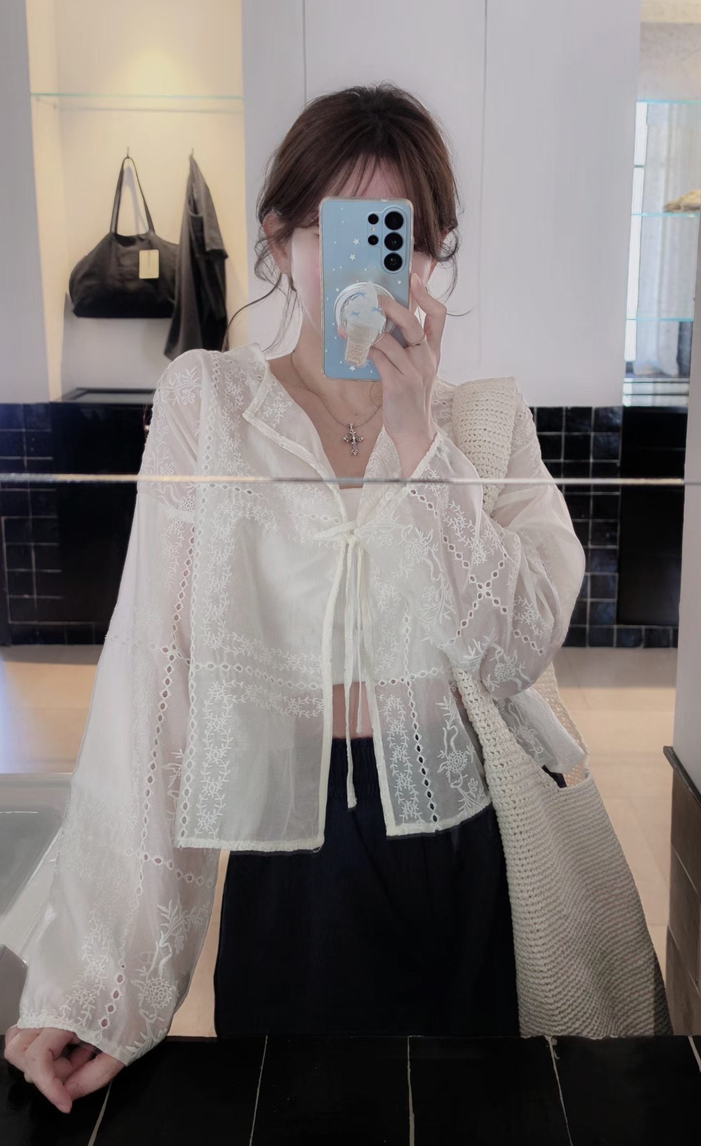 ♡Oni家♡精緻刺繡透肌綁帶罩衫 (C260704)