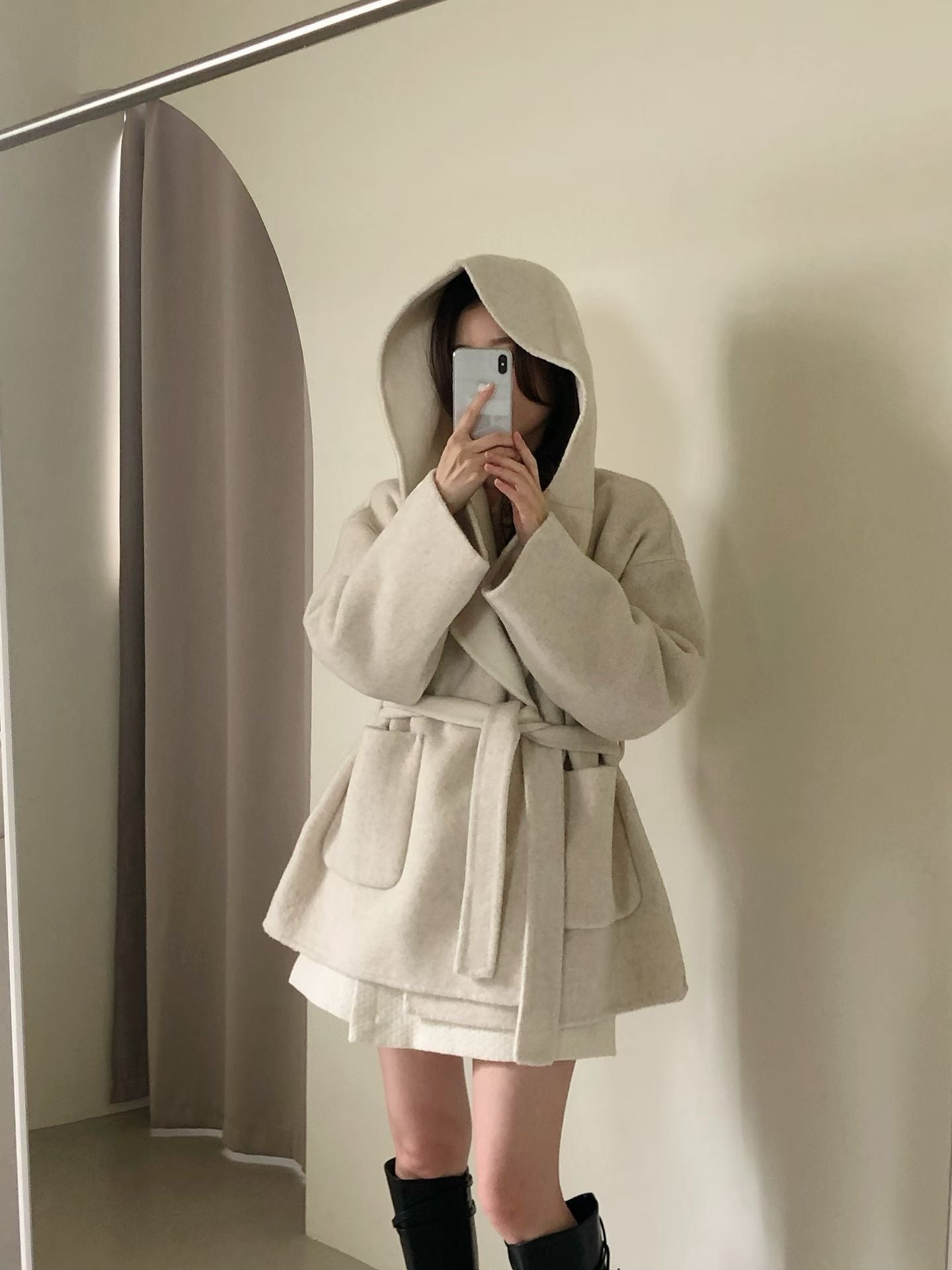 ♡純色保暖綁帶大衣外套連帽罩衫♡ (C251247)