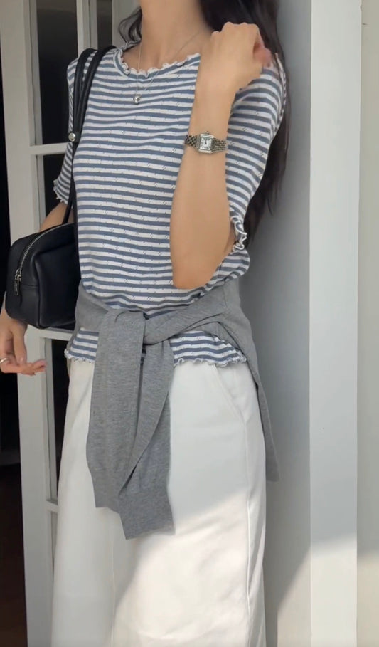 ♡經典細緻波浪滾邊條紋上衣♡ (C260534)