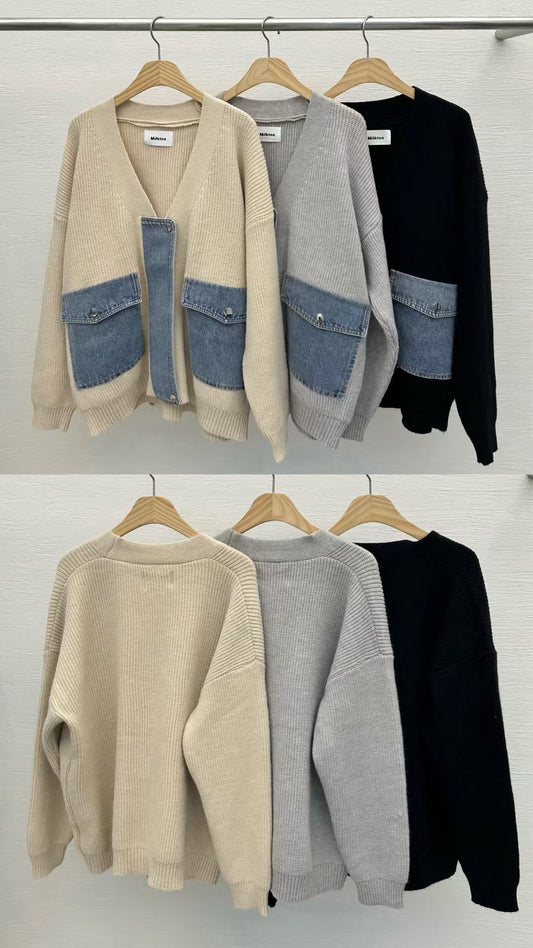 ♡Denim Chic 拼接針織開襟外套♡ (C250908)