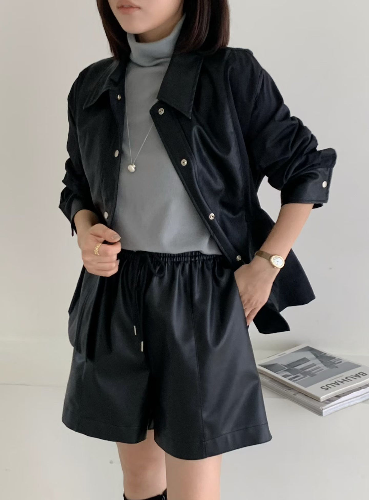 ♡異材質拼接收腰兩穿襯衫/外套 ♡ (C260930)