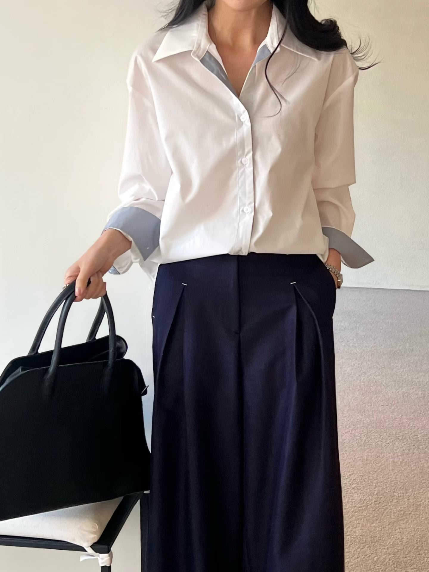 ♡輕奢拼色翻袖質感襯衫♡ (C260416)