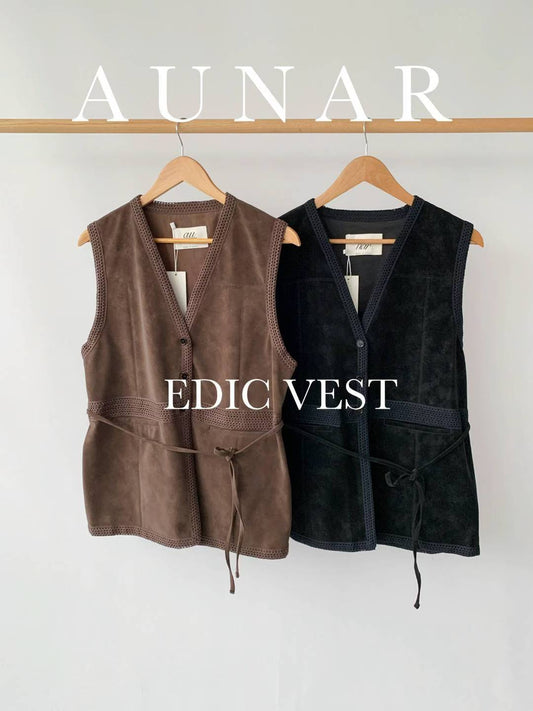 ♡鏤空蕾絲感滾邊仿麂皮背心♡ (C251147)