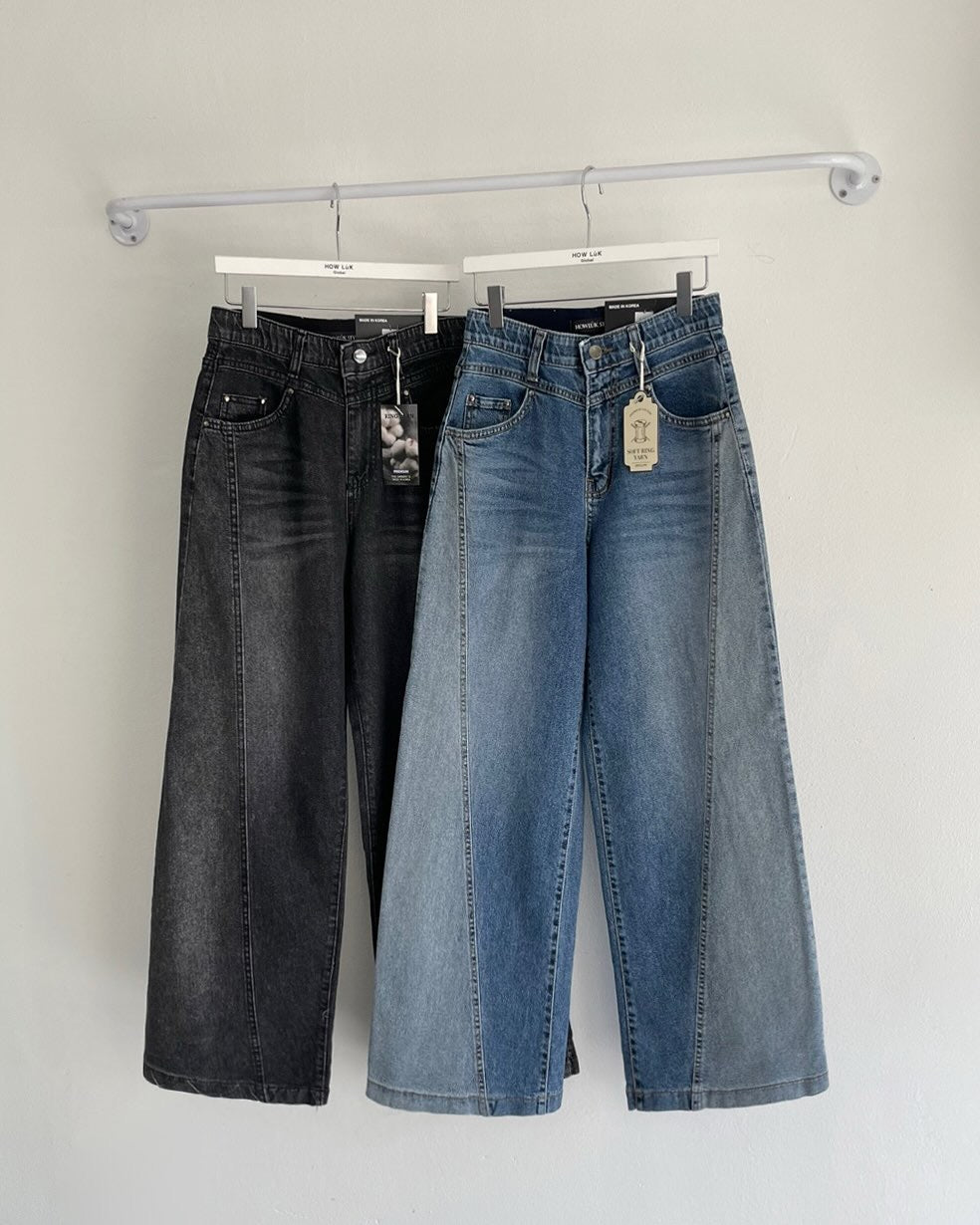 ♡拼接刷色牛仔寬褲♡ (C251154)