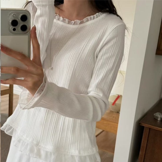 ♡優雅顯瘦細坑條荷葉滾邊上衣♡ (C260533)