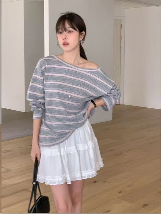♡慵懶斜肩條紋上衣♡ (C260532)