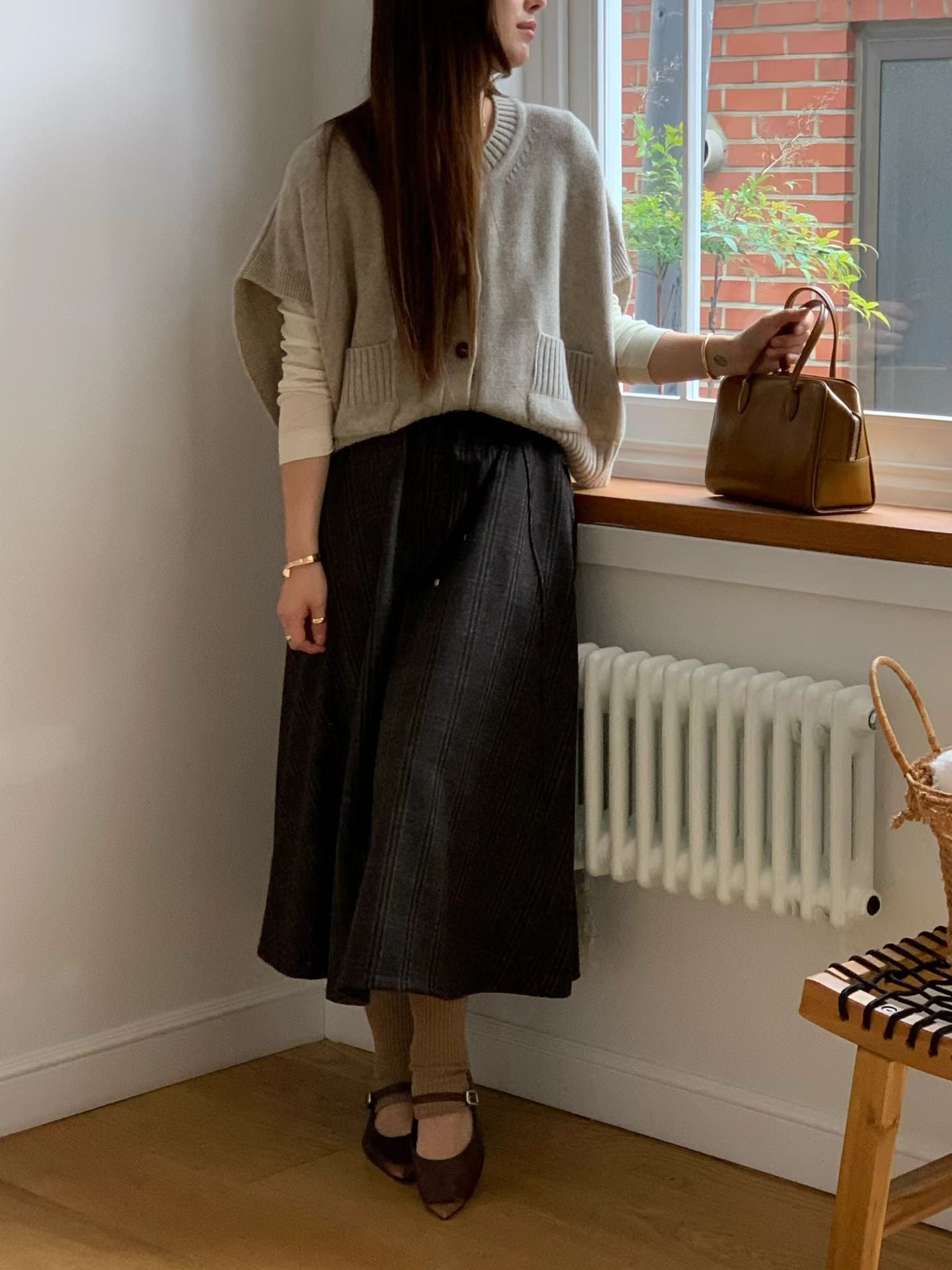 ♡氣質Oni家♡英倫格紋抽繩羊毛裙 (C251137)