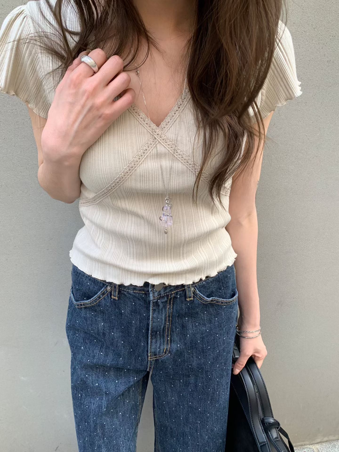 ♡百搭交叉V領顯瘦坑紋上衣♡ (C260656)
