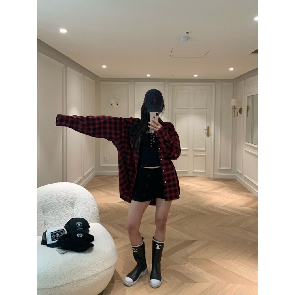 ♡街頭感米奇背影格紋襯衫外套♡ (C260462)