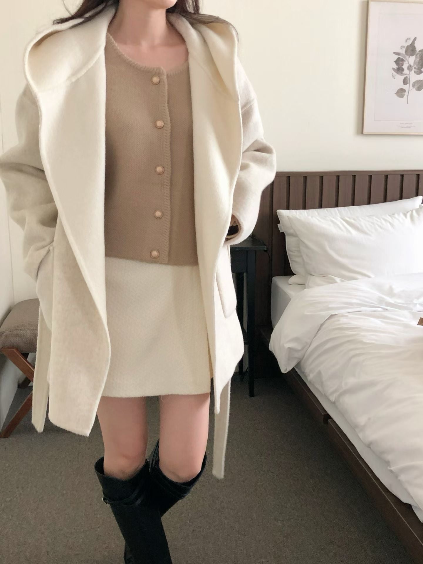 ♡純色保暖綁帶大衣外套連帽罩衫♡ (C251247)