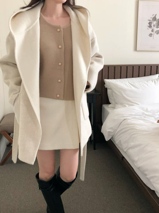 ♡純色保暖綁帶大衣外套連帽罩衫♡ (C251247)