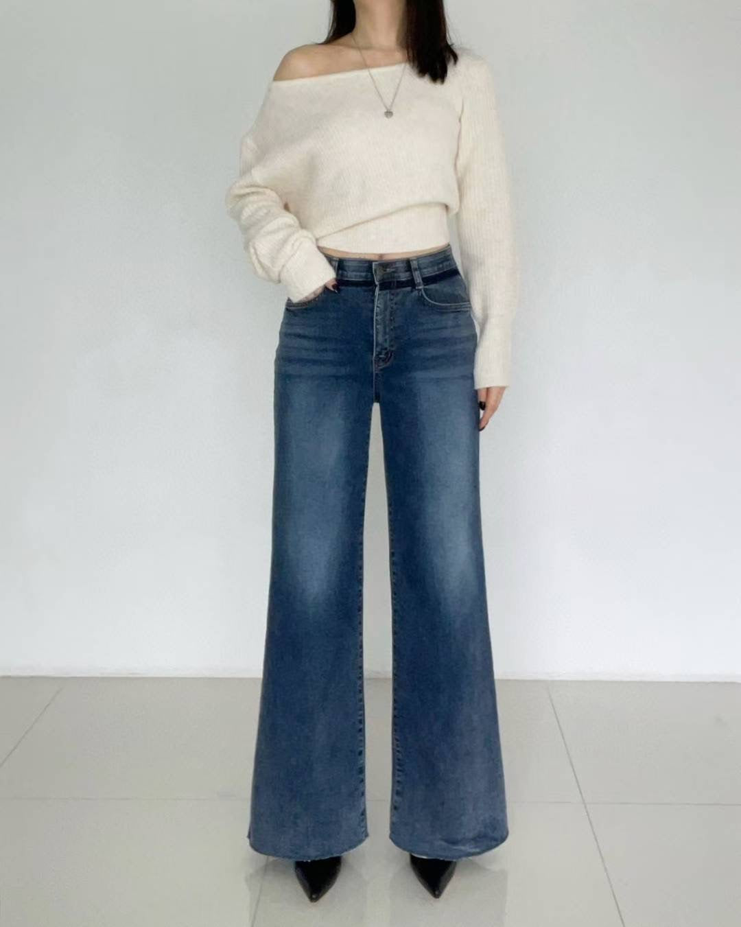 ♡鹽洗拼色長腿顯瘦喇叭褲♡ (C251234)