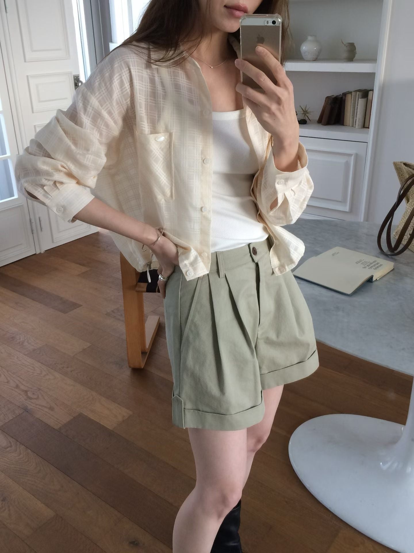 ♡柔霧輕透格紋襯衫外套♡ (C260432)