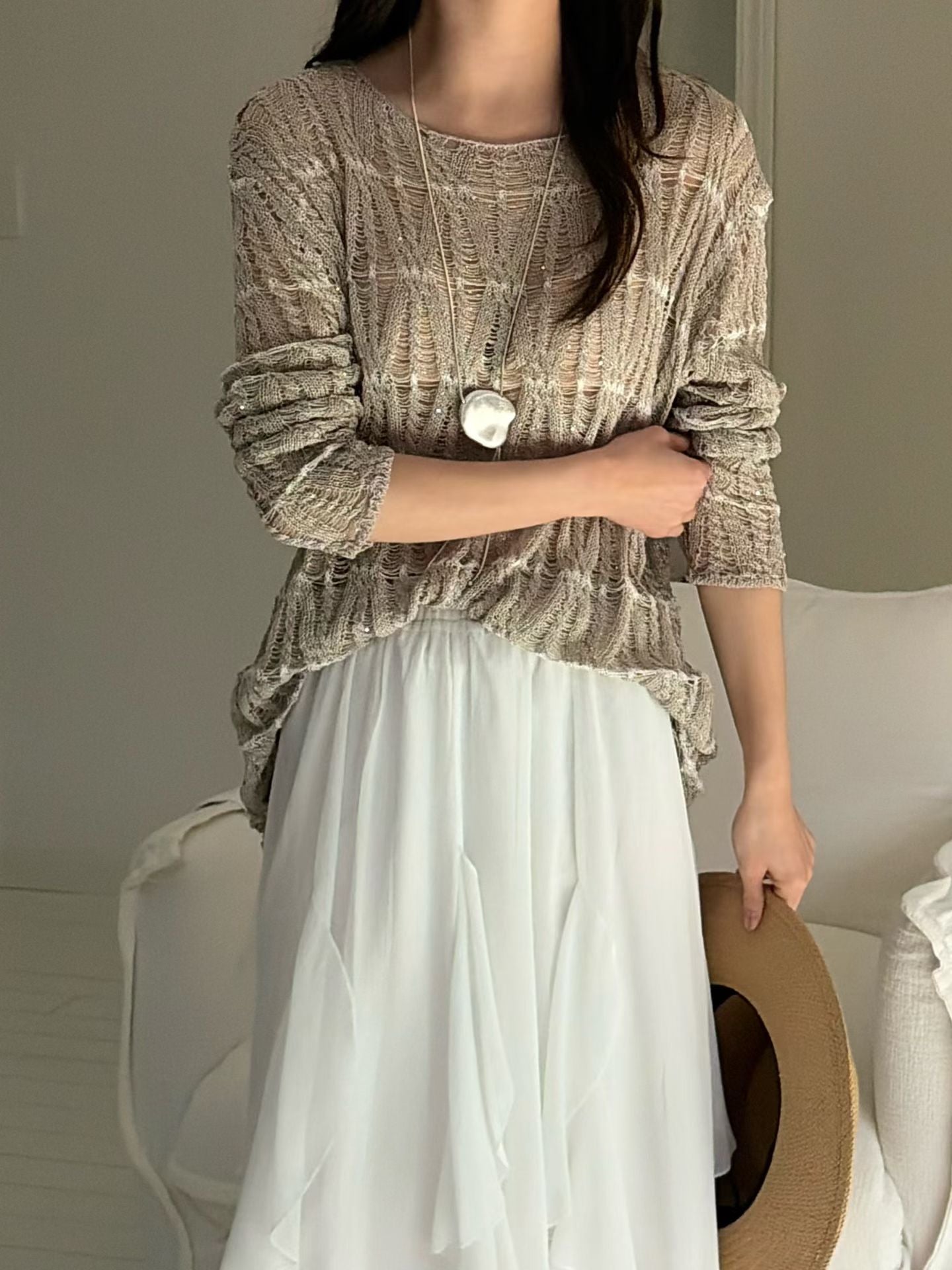 ♡輕盈亮蔥鏤空感針織上衣♡ (C260544)