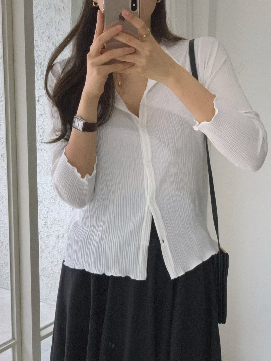 ♡顯瘦嫩感水波壓褶針織外罩衫♡ (C250945)