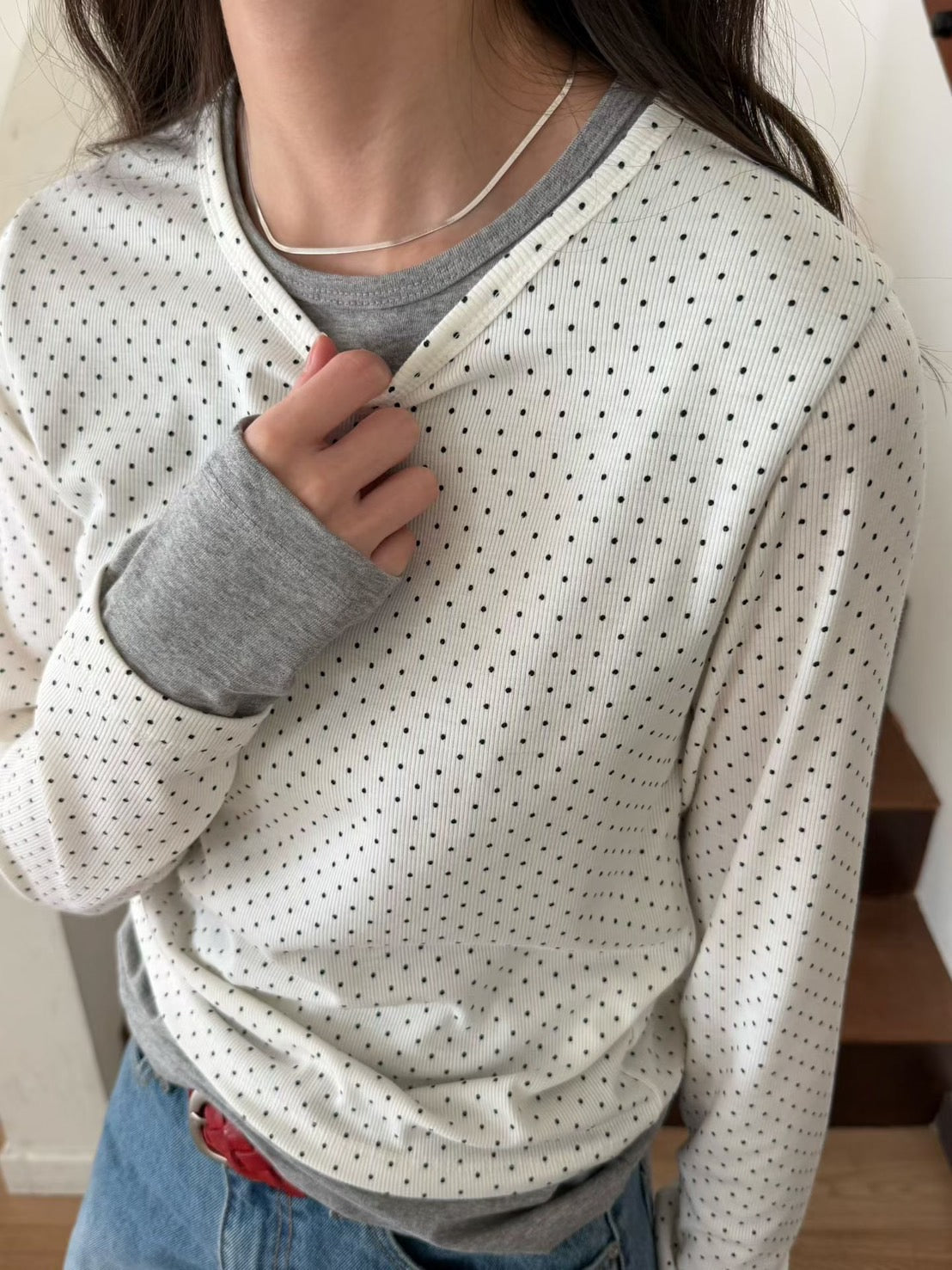 ♡質感假兩件波點長袖上衣♡ (C260410)