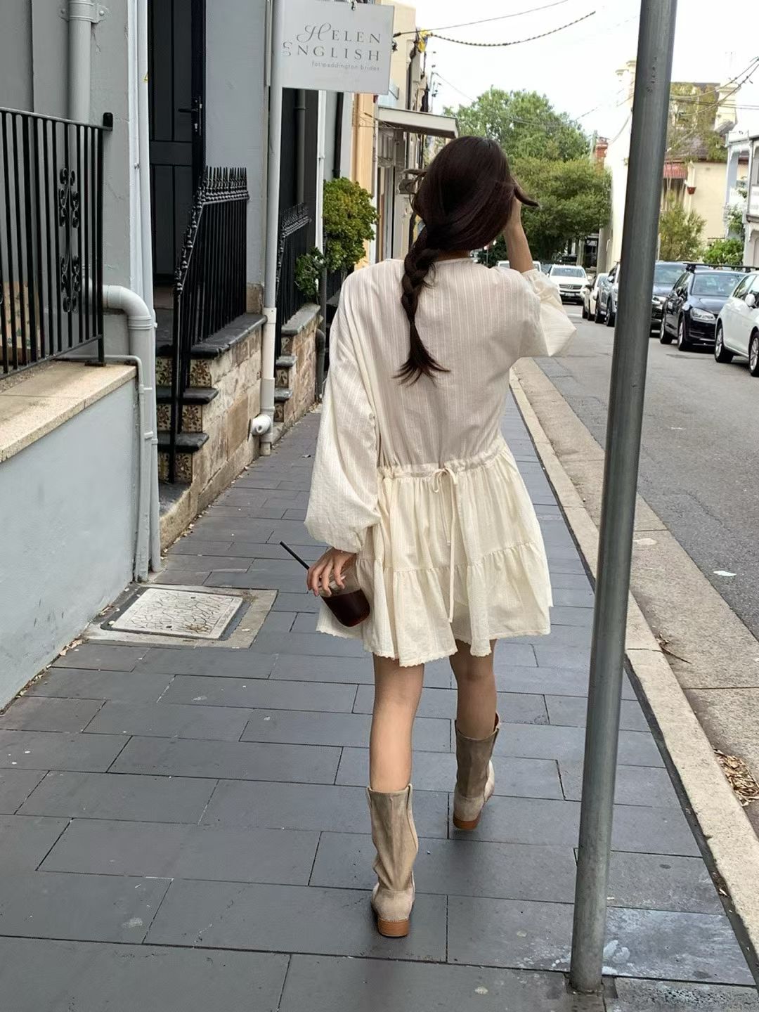 ♡法式氣質直條紋綁帶澎袖洋裝♡ (C260438)