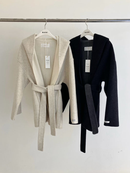 ♡純色保暖綁帶大衣外套連帽罩衫♡ (C251247)